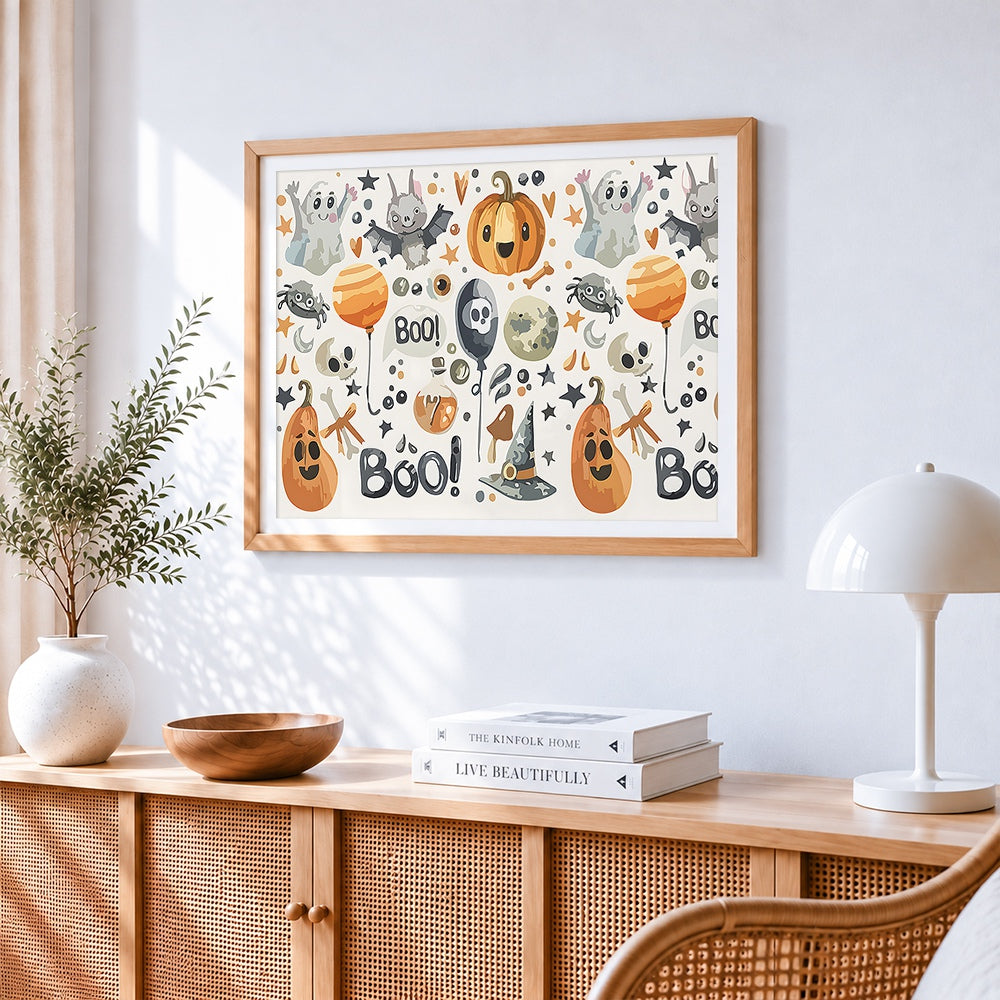 Cute halloween pattern paint by numbers artwork displayed on wall as home decor