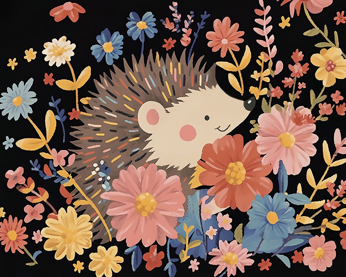 Cute hedgehog in a floral garden cross stitch kit for beginners