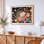Cute hedgehog in a floral garden paint by numbers artwork displayed on wall as home decor