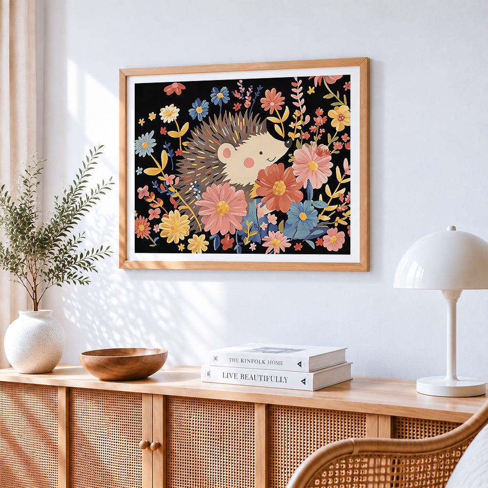 Cute hedgehog in a floral garden paint by numbers artwork displayed on wall as home decor