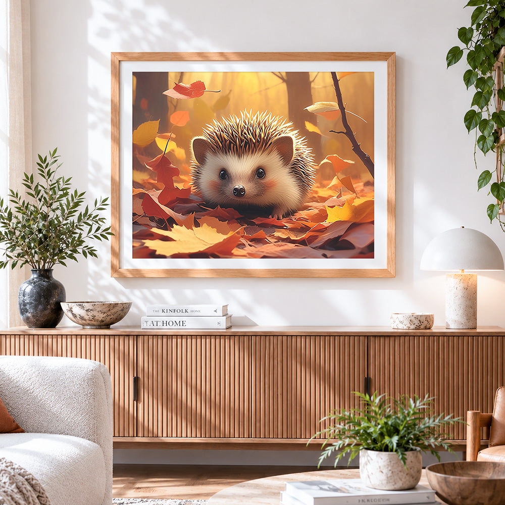 Finished cute hedgehog in autumn leaves cross stitch artwork displayed