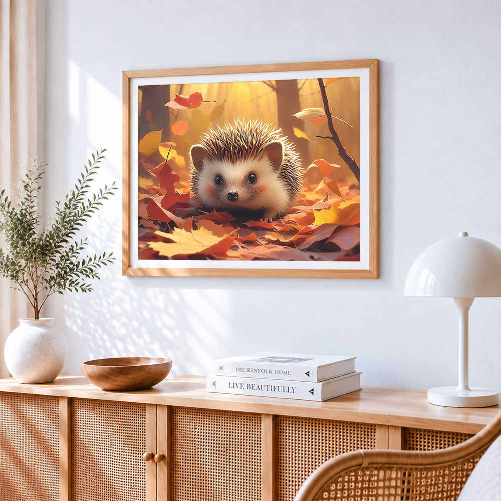 Cute hedgehog in autumn leaves cross stitch artwork displayed on wall as home decor