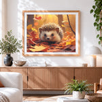 Finished cute hedgehog in autumn leaves paint by numbers artwork displayed as home decor