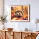 Cute hedgehog in autumn leaves paint by numbers artwork displayed on wall as home decor