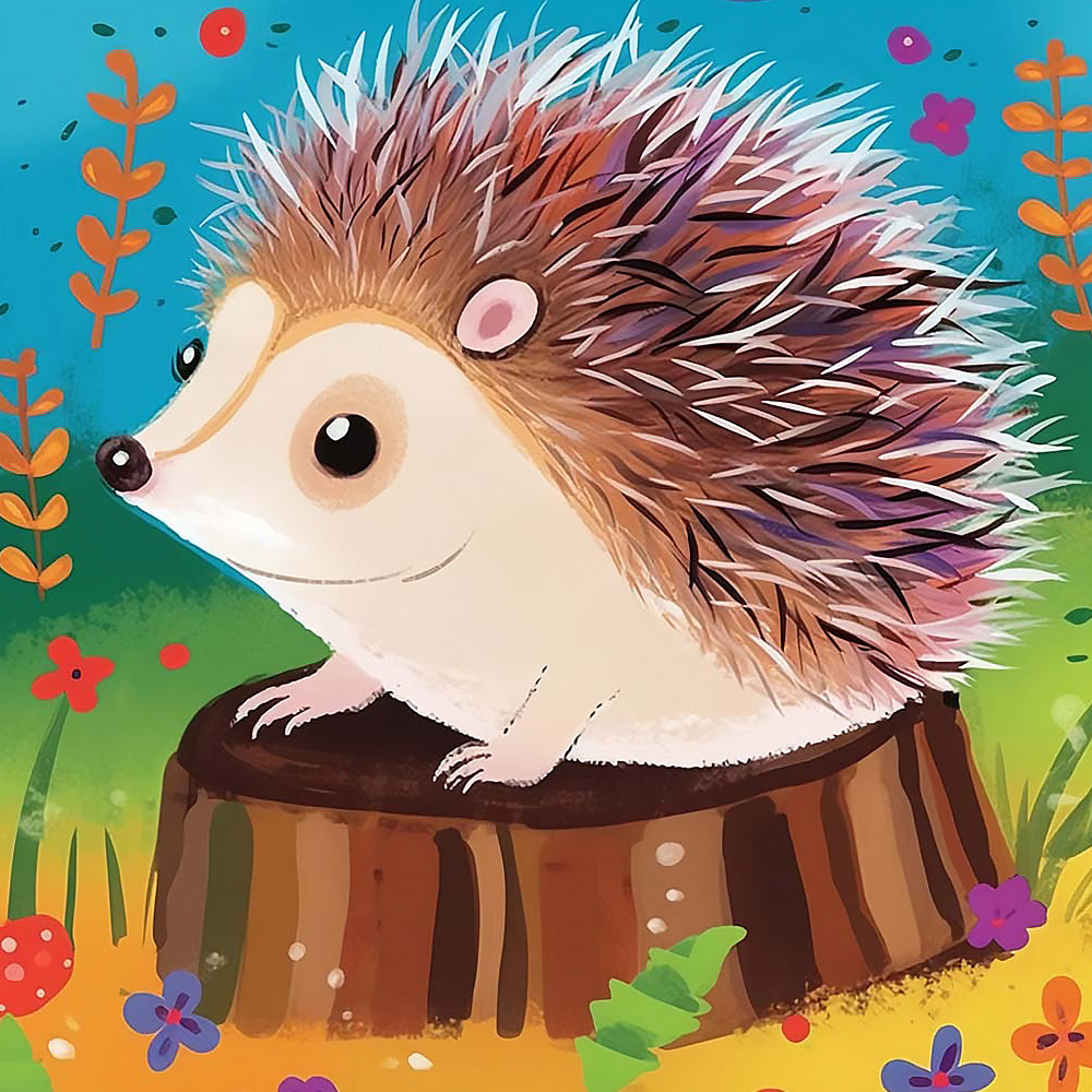 Cute hedgehog on a tree stump cross stitch kit for beginners