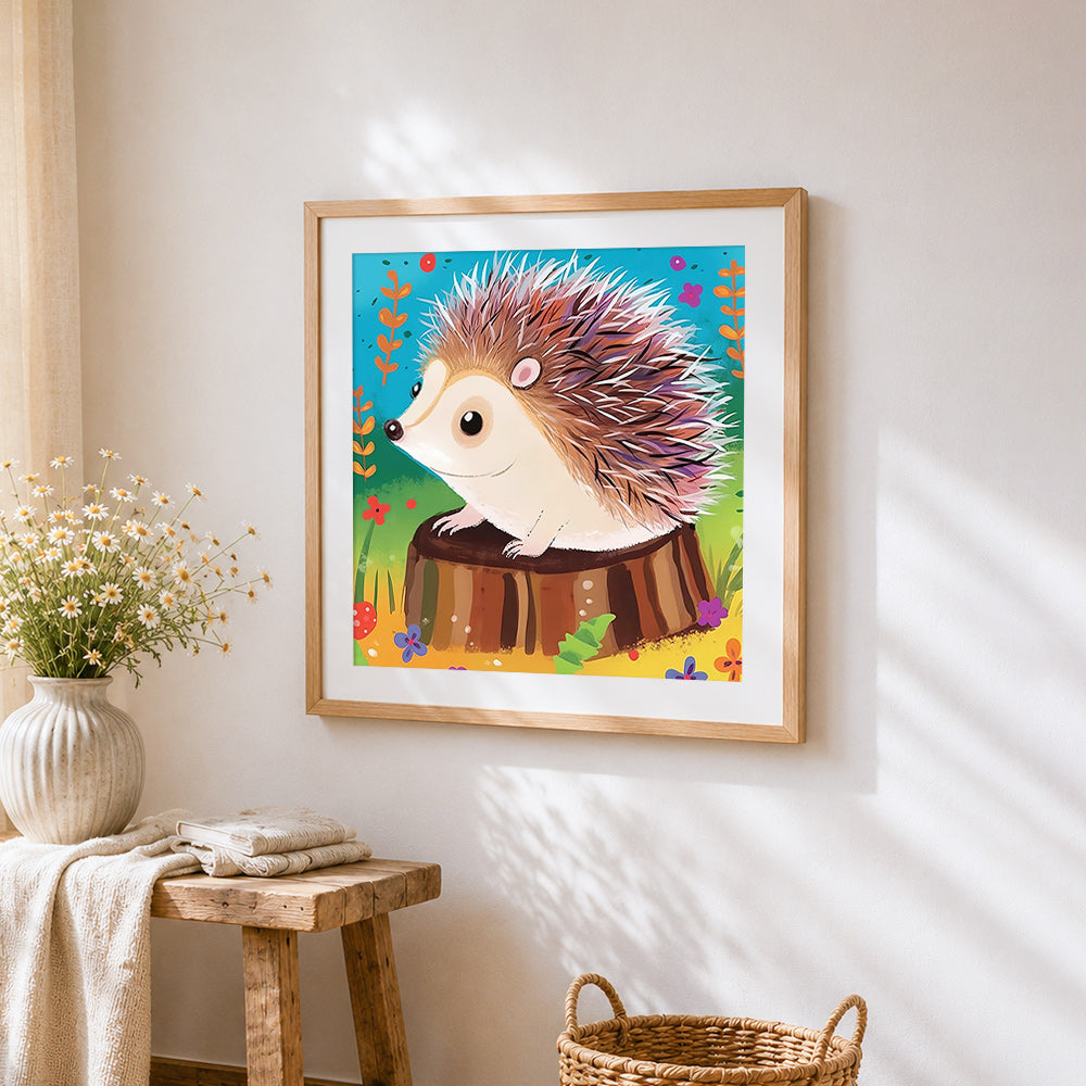 Cute hedgehog on a tree stump cross stitch artwork displayed on wall as home decor