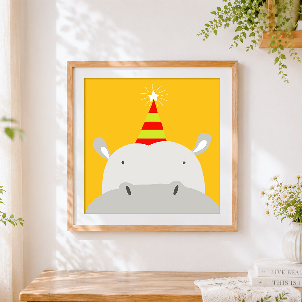 Finished cute hippo with party hat cross stitch artwork displayed