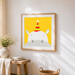 Cute hippo with party hat cross stitch artwork displayed on wall as home decor