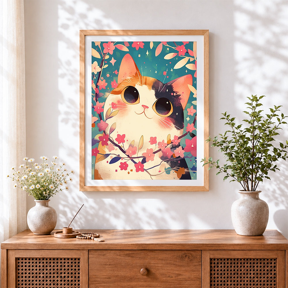 Finished cute kawaii cat in blossoms cross stitch artwork displayed