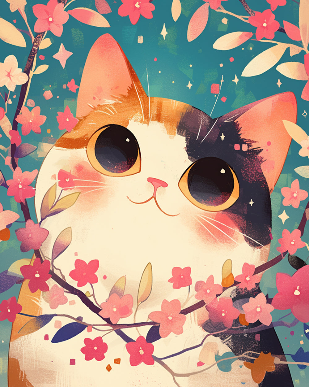 Cute kawaii cat in blossoms cross stitch kit for beginners