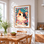 Cute kawaii cat in blossoms cross stitch artwork displayed on wall as home decor