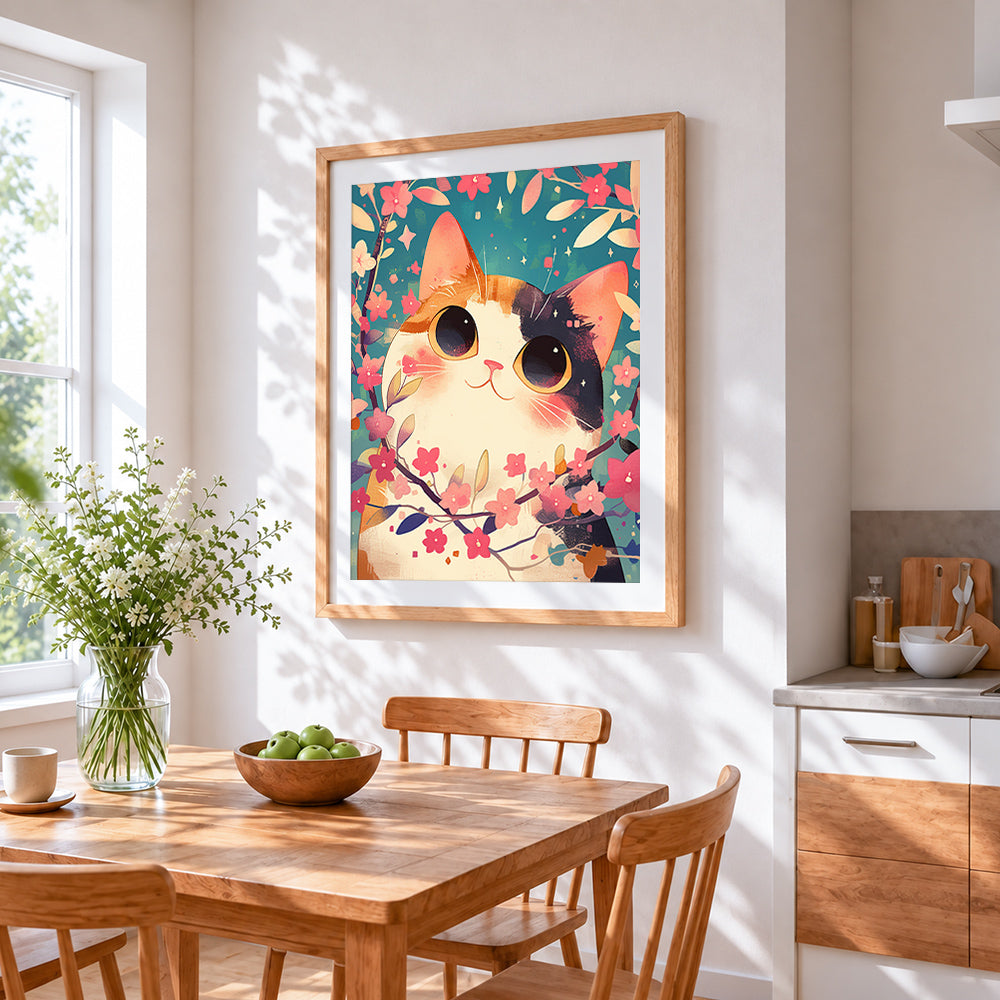 Cute kawaii cat in blossoms cross stitch artwork displayed on wall as home decor