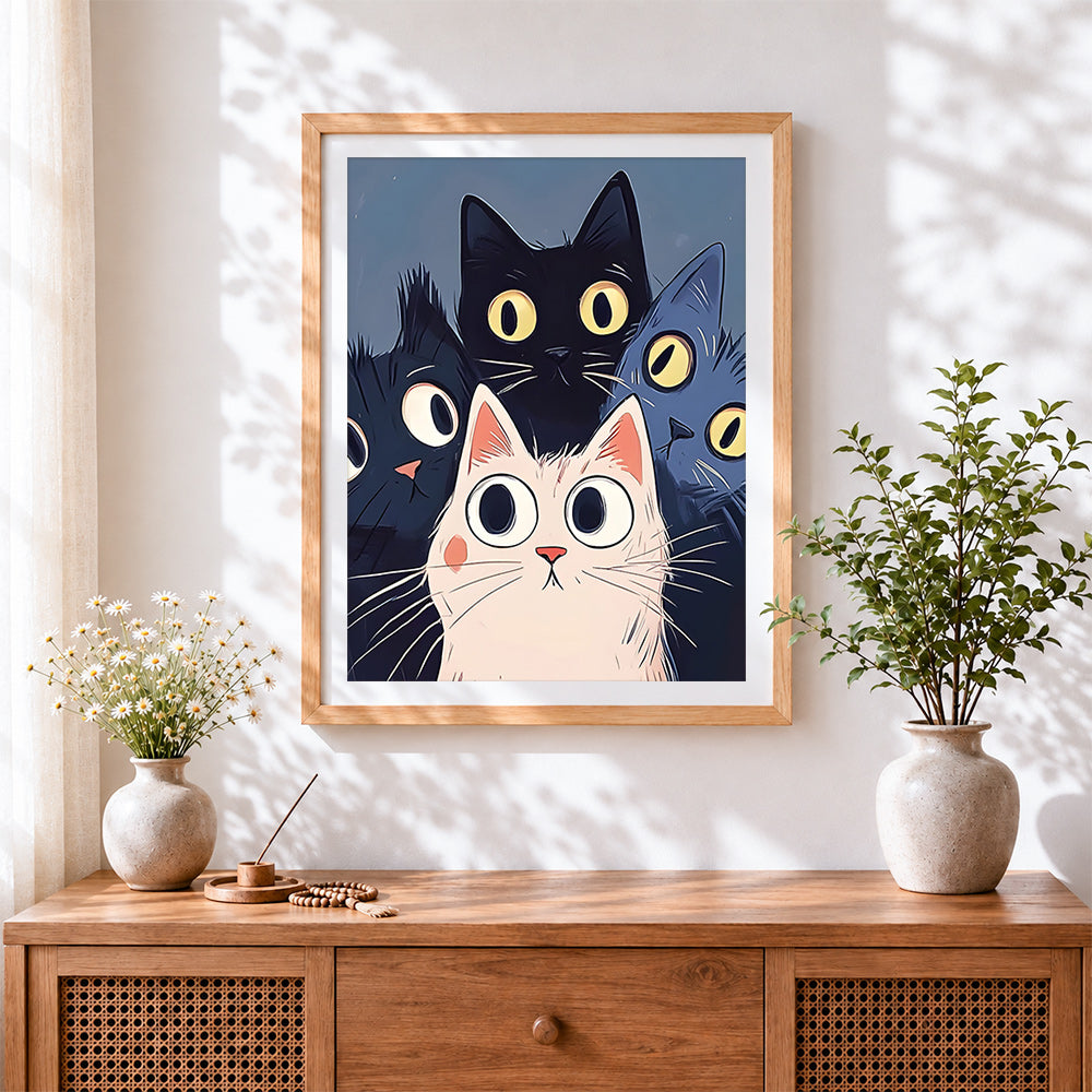 Finished cute kawaii cat squad cross stitch artwork displayed