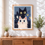 Finished cute kawaii cat squad cross stitch artwork displayed