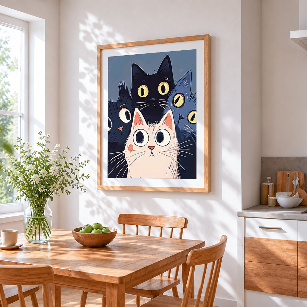 Cute kawaii cat squad cross stitch artwork displayed on wall as home decor