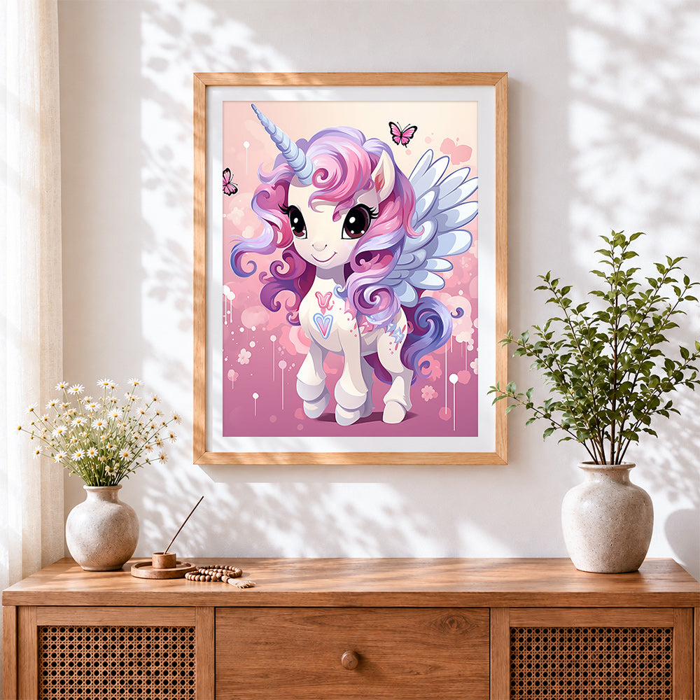 Finished cute kawaii pegasus unicorn cross stitch artwork displayed