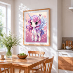 Cute kawaii pegasus unicorn cross stitch artwork displayed on wall as home decor