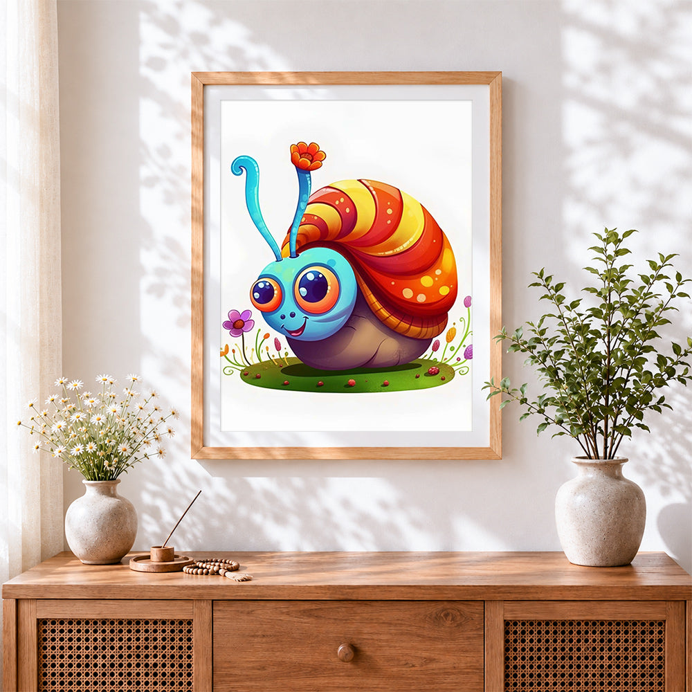 Finished cute kawaii snail cross stitch artwork displayed