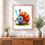 Finished cute kawaii snail cross stitch artwork displayed