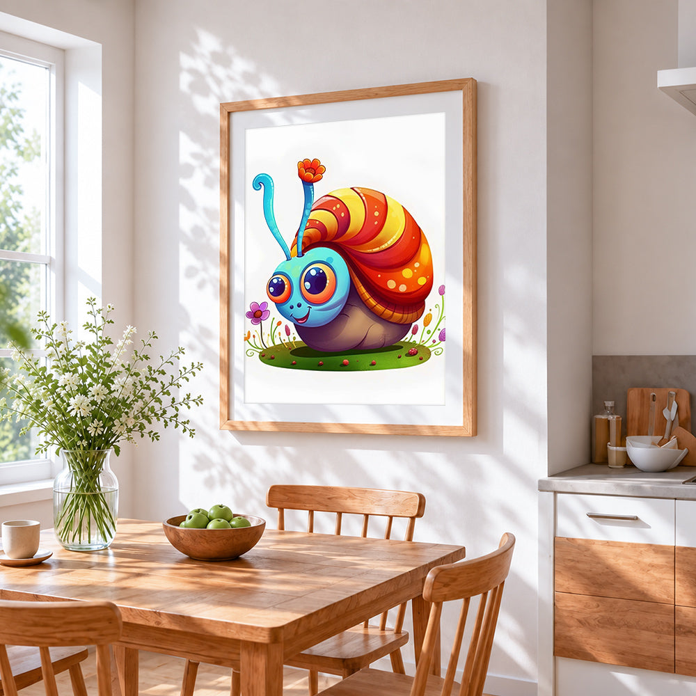 Cute kawaii snail cross stitch artwork displayed on wall as home decor