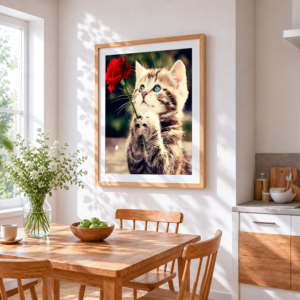 Cute kitten holding a red rose paint by numbers artwork displayed on wall as home decor