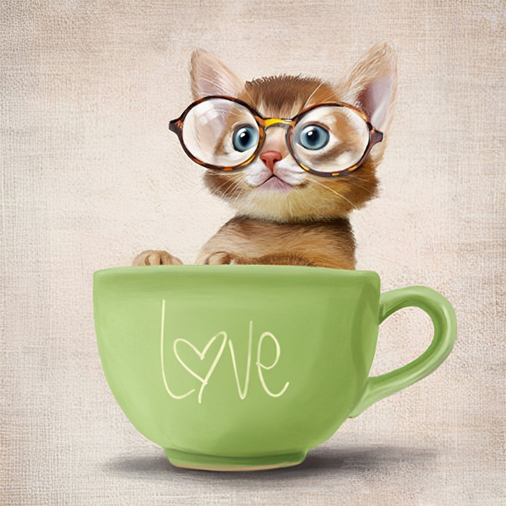 Cute kitten in a green "love" teacup cross stitch kit for beginners