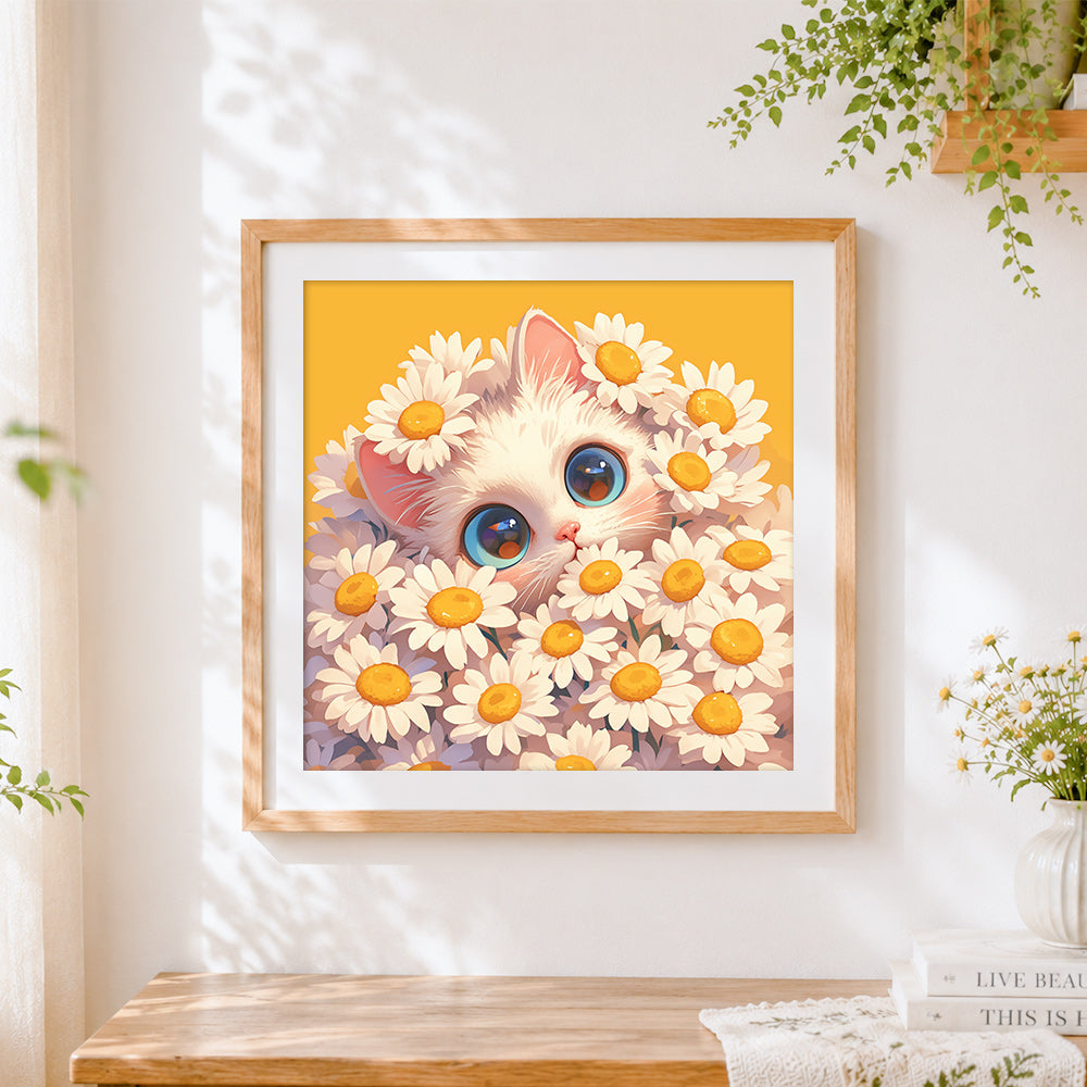 Finished cute kitten in daisies cross stitch artwork displayed