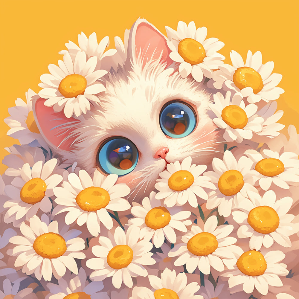 Cute kitten in daisies cross stitch kit for beginners