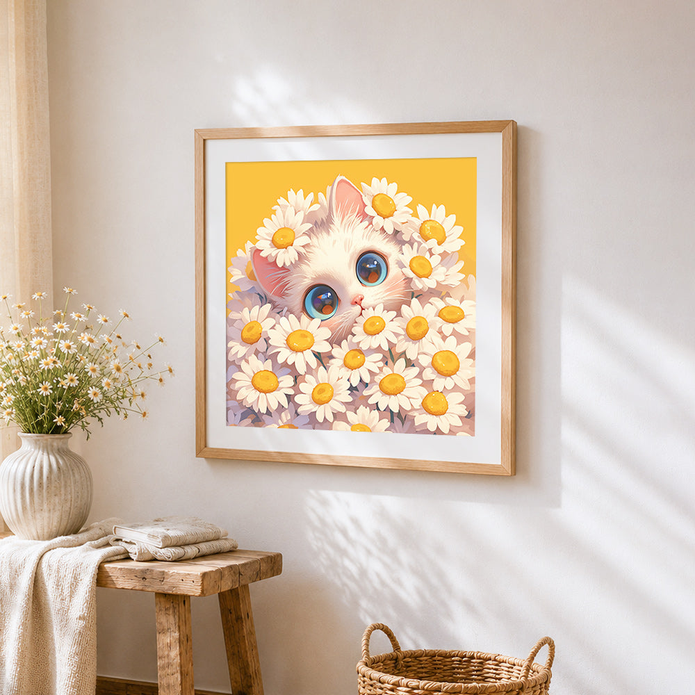 Cute kitten in daisies cross stitch artwork displayed on wall as home decor