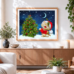 Finished cute kitten singing by christmas tree cross stitch artwork displayed