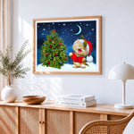 Cute kitten singing by christmas tree cross stitch artwork displayed on wall as home decor