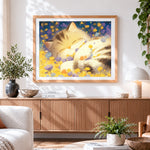 Finished cute kitten sleeping in a flower bed cross stitch artwork displayed