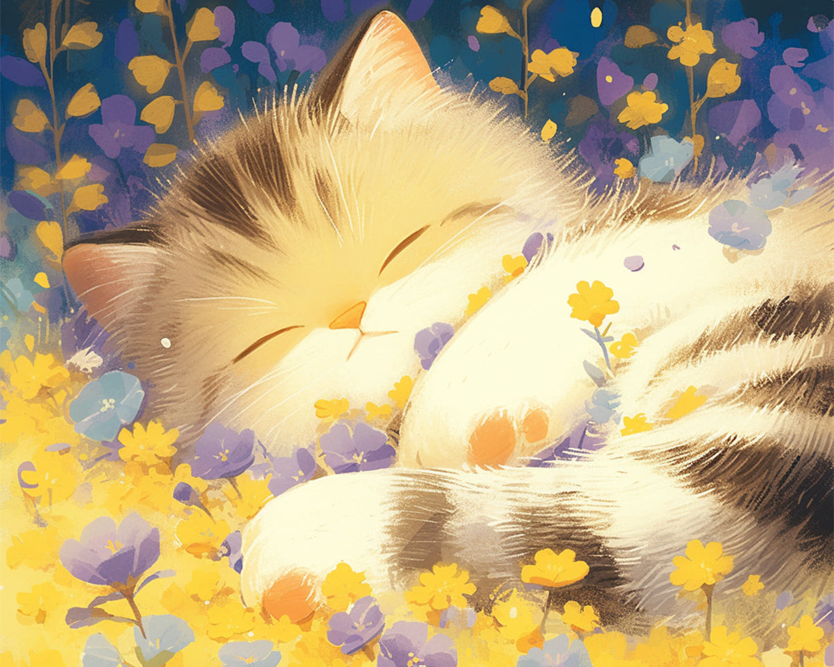 Cute kitten sleeping in a flower bed cross stitch kit for beginners