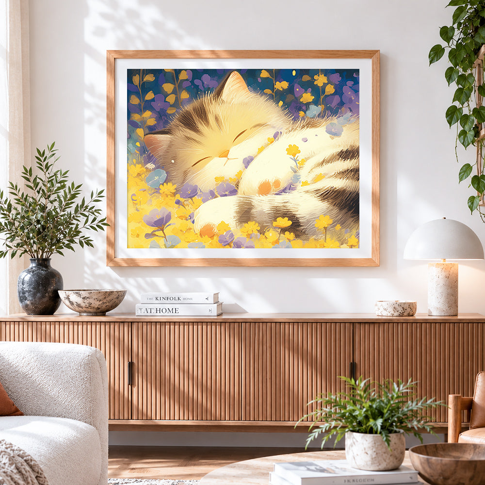 Finished cute kitten sleeping in a flower bed paint by numbers artwork displayed as home decor
