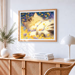 Cute kitten sleeping in a flower bed paint by numbers artwork displayed on wall as home decor