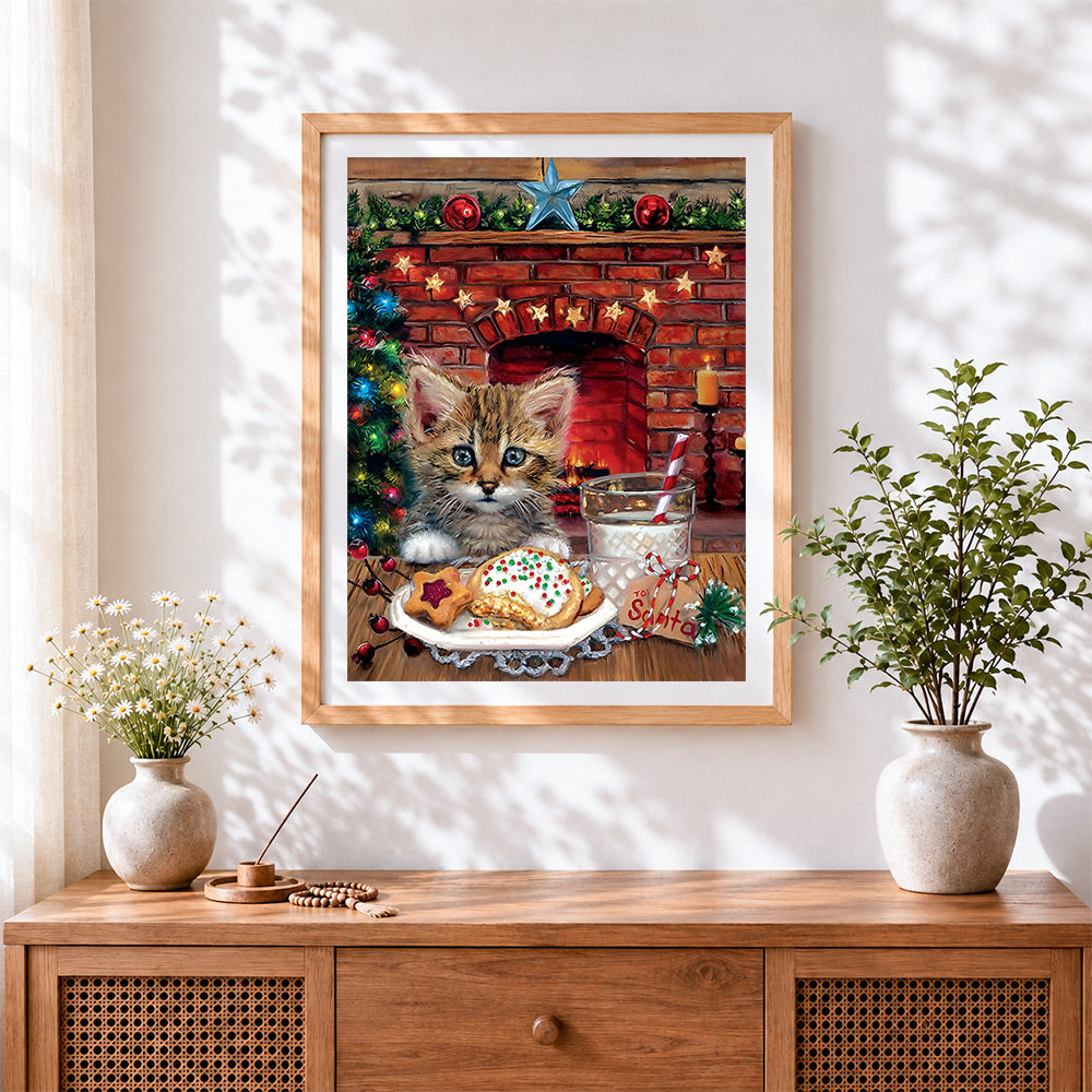 Finished cute kitten with milk and cookies cross stitch artwork displayed