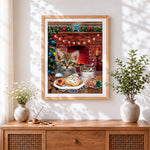 Finished cute kitten with milk and cookies cross stitch artwork displayed