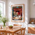 Cute kitten with milk and cookies cross stitch artwork displayed on wall as home decor