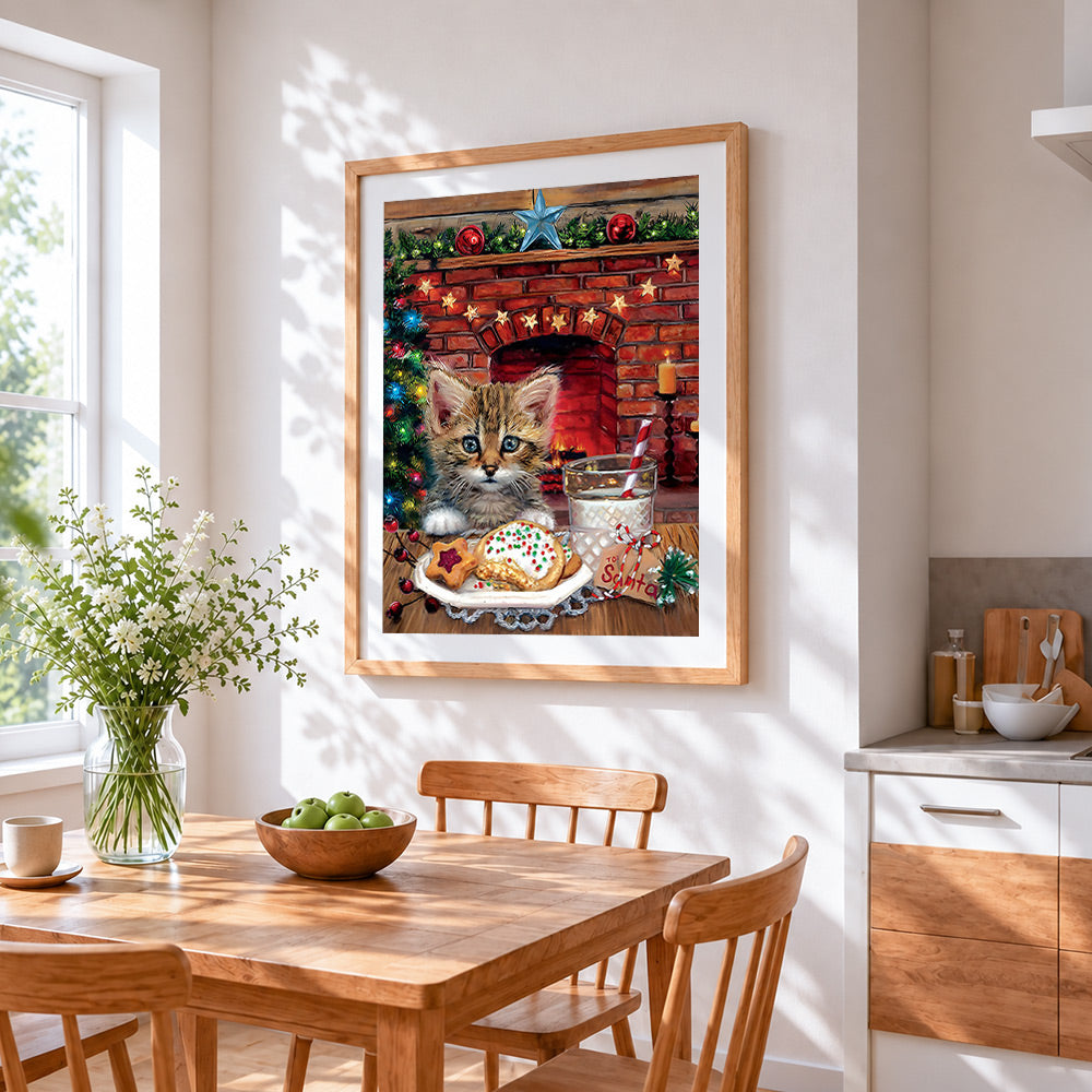 Cute kitten with milk and cookies cross stitch artwork displayed on wall as home decor