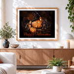 Finished cute kittens and witch hat pumpkin cross stitch artwork displayed