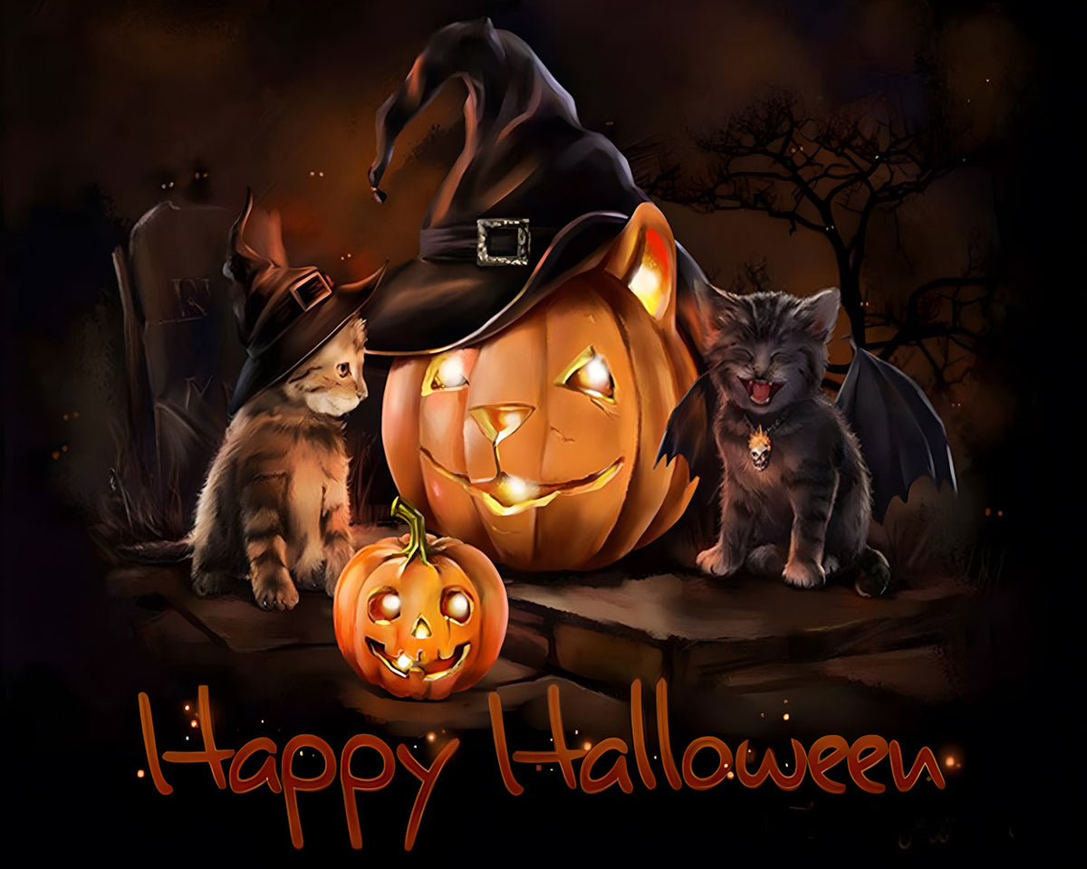Cute kittens and witch hat pumpkin cross stitch kit for beginners