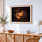 Cute kittens and witch hat pumpkin cross stitch artwork displayed on wall as home decor