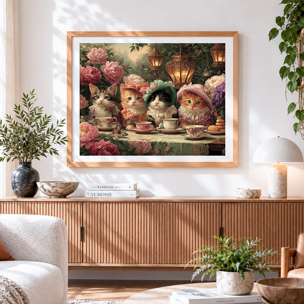 Finished cute kittens at a floral tea party cross stitch artwork displayed
