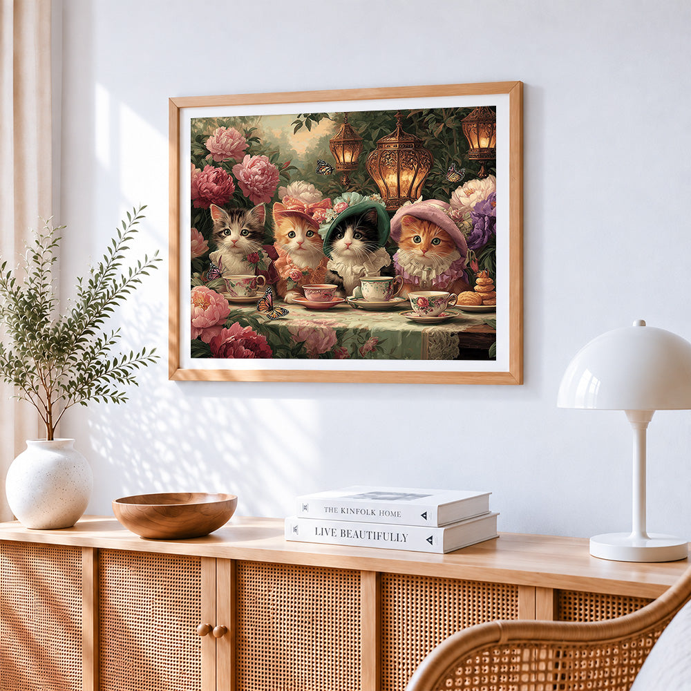 Cute kittens at a floral tea party cross stitch artwork displayed on wall as home decor