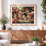 Finished cute kittens at a floral tea party paint by numbers artwork displayed as home decor