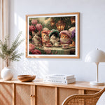 Cute kittens at a floral tea party paint by numbers artwork displayed on wall as home decor