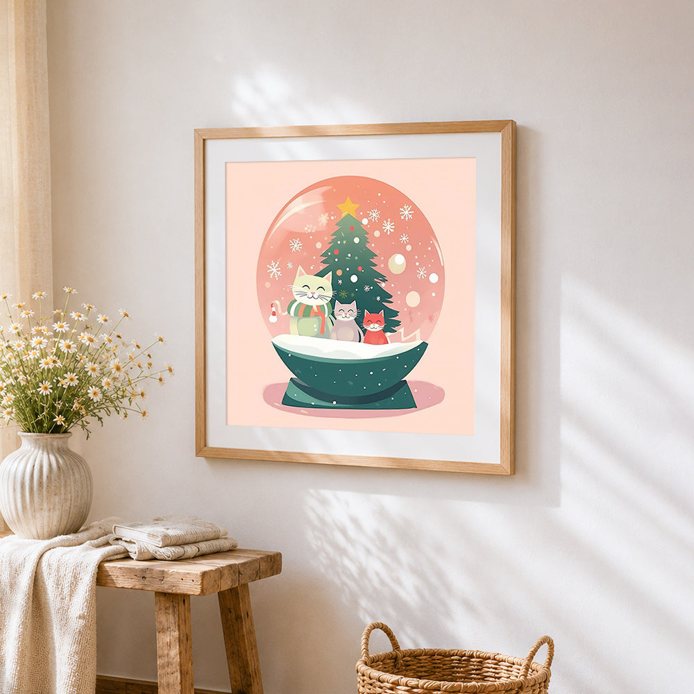 Cute kittens in a pink snow globe cross stitch artwork displayed on wall as home decor