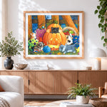 Finished cute kittens in a pumpkin patch cross stitch artwork displayed