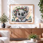 Finished cute koala with a floral crown paint by numbers artwork displayed as home decor