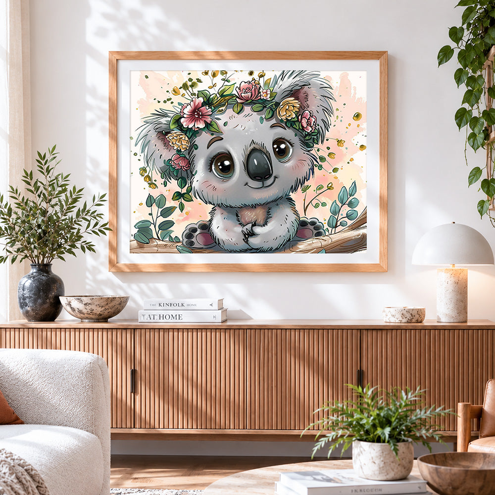 Finished cute koala with a floral crown paint by numbers artwork displayed as home decor